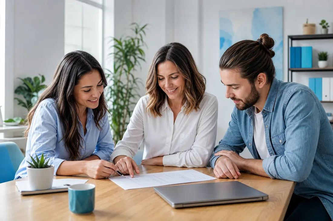 Three coworkers review a printed checklist together at a tidy wooden desk in bright light